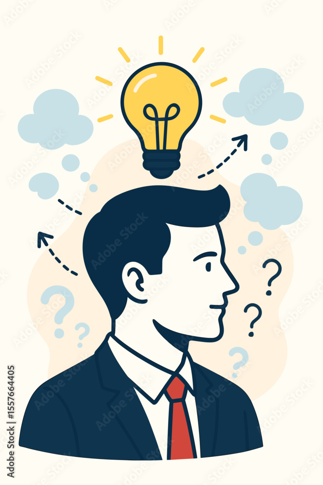 Creative brainstorming concept. Businessman with light bulb idea. Problem solving, innovative thinking, leadership, project management, team leader, out of the box solution, decision making vector Creative brainstorming concept. Businessman with light bulb idea. Problem solving, innovative thinking, leadership, project management, team leader, out of the box solution, decision making vector
