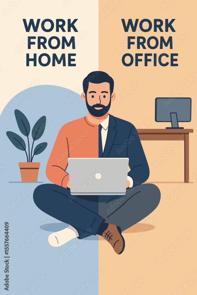 Hybrid work model concept. Man split between casual home attire and a formal office suit. Illustration for remote vs office work, employee choice, flexible schedule, and new normal. Hybrid work model concept. Man split between casual home attire and a formal office suit. Illustration for remote vs office work, employee choice, flexible schedule, and new normal.