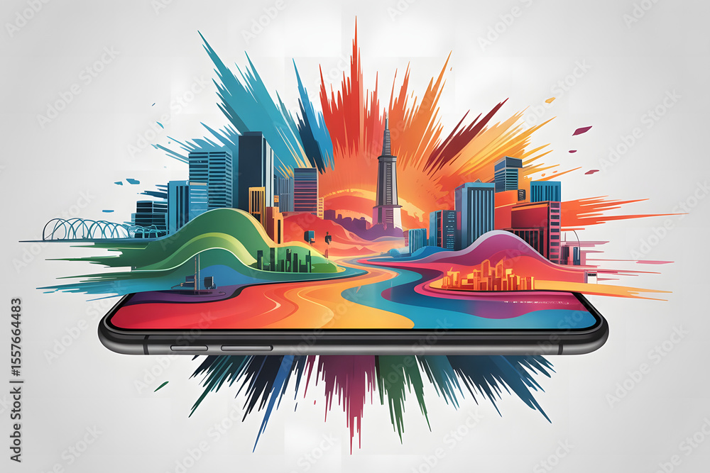 Obraz premium A smartphone screen exploding into colorful paint strokes that form landscapes and cities, symbolizing digital creativity, isolated render