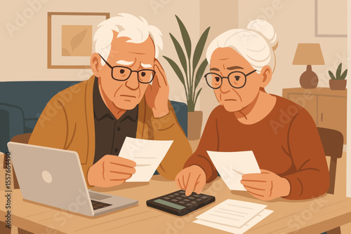 Stressed senior couple facing financial problems. Worried elderly man and woman calculating bills and expenses with laptop and calculator. Retirement budget crisis and debt concept.