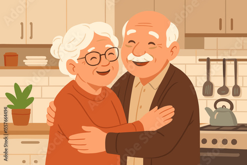 Affectionate senior couple embracing in a cozy kitchen. Happy elderly man and woman in love. Concept for retirement, marriage, long-term relationship, and healthy aging. Flat vector.