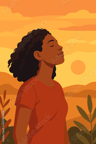Serene young woman enjoying peaceful sunset outdoors, breathing fresh air, relaxation and mindfulness concept, modern flat vector illustration, nature landscape, self care, mental wellness