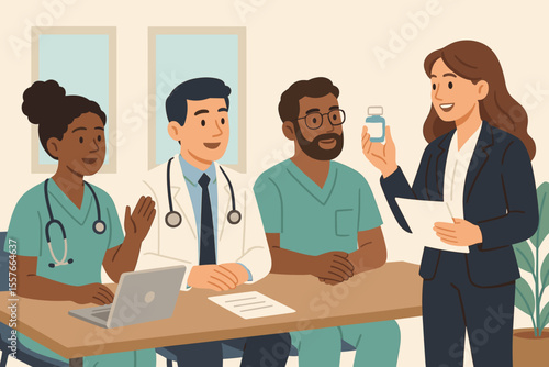 Diverse medical team meeting with pharmaceutical representative discussing new medication. Hospital staff collaboration, healthcare professionals, nurse, doctor, clinical teamwork, drug presentation