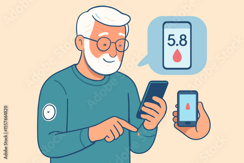 Senior man monitoring blood glucose with smartphone app. Diabetes management technology. Glucose sensor on arm. Elderly health care. Digital medical device. Mobile health tracking illustration