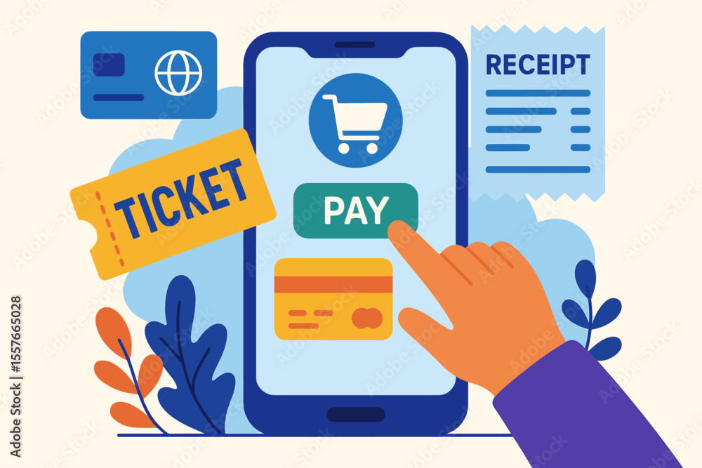 Online Ticket Purchase Payment Concept. Mobile App Ticket Buying. Internet Banking, Credit Card Transaction, Digital Receipt. Hand Pressing Pay Button. Modern Flat Vector Illustration Online Ticket Purchase Payment Concept. Mobile App Ticket Buying. Internet Banking, Credit Card Transaction, Digital Receipt. Hand Pressing Pay Button. Modern Flat Vector Illustration