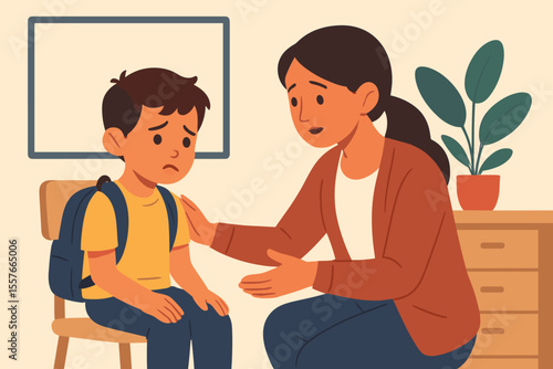 School counselor comforting sad student. Teacher supports upset child in classroom. Emotional support, mental health, education, caring adult, guidance, empathy, school psychology concept.