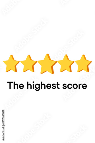 3D Five Star Rating Vector, Highest Score, Best Performance Evaluation, Customer Feedback, Review, Success, Quality Assessment, Top Rating, Satisfaction, Excellence, Achievement, 3D Stars