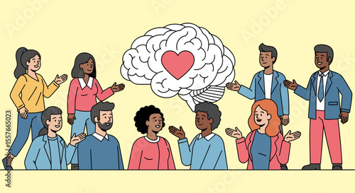Diverse group with a brain illustration featuring a prominent red heart.