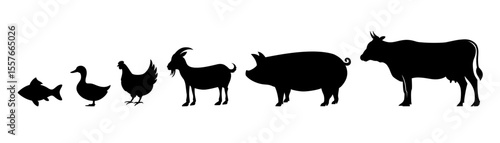 Animal silhouette vector design. Farm animals include chicken, fish, duck, pig, goat, lamb, and cow vector icons.