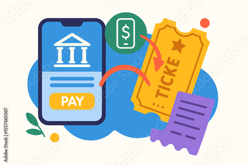 Online Ticket Purchase Payment Mobile Banking App Concept. Digital Ticket Buying, Electronic Payment, E-Receipt, Internet Banking, Smartphone Transaction, Modern Flat Vector Illustration