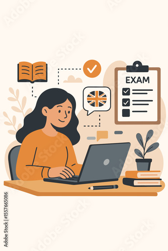 Distance learning English language exam preparation, online education, home schooling, student studying with laptop, language course selection, modern flat vector cartoon illustration