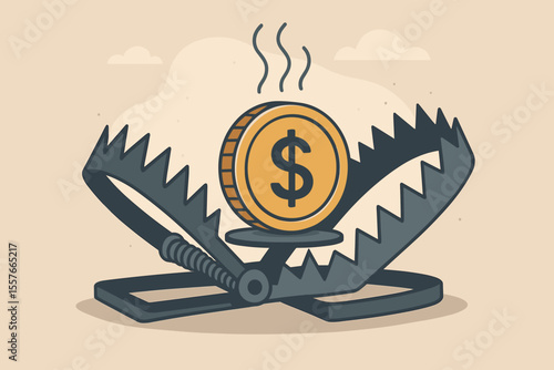 Financial Trap Metaphor Vector Illustration. Bear Trap with Dollar Coin Symbolizing Money Trap, Financial Illiteracy, Risky Investments, Easy Money Temptation, Economic Danger, Debt, Fraud Concept