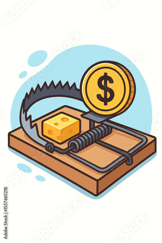 Money Trap Metaphor Vector. Mousetrap with Cheese and Dollar Coin. Financial Illiteracy, Easy Money Risk, Investment Fraud, Economic Danger, Deceptive Offers, Caution in Finance Concept