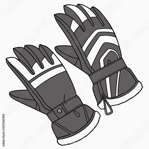 Pair of Gray and White Winter Snowmobile Gloves with Fleece Cuffs Illustrated Design winter gloves illustration