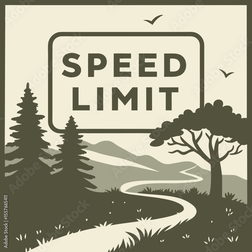 Olive Green Speed Limit Sign Trail Scene Olive Green Trees Beige Mountains Beige Path trail sign