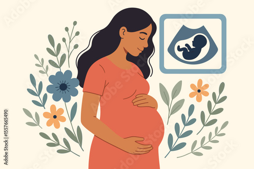 Pregnant woman holding belly surrounded by flowers, modern flat vector illustration. Maternity, pregnancy, motherhood concept. Baby ultrasound icon, expecting mother, prenatal care design.