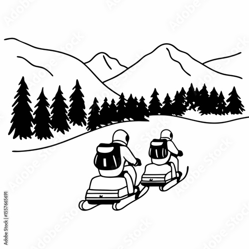 Two Snowmobilers Riding Through Snowy Mountain Landscape Winter Recreation Backpacking Adventure snowmobiling