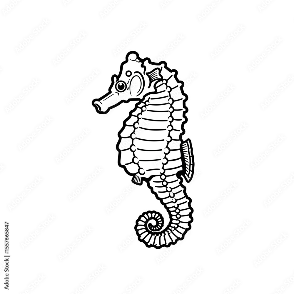 Fototapeta premium Outlined seahorse with curled tail on white background silhouette