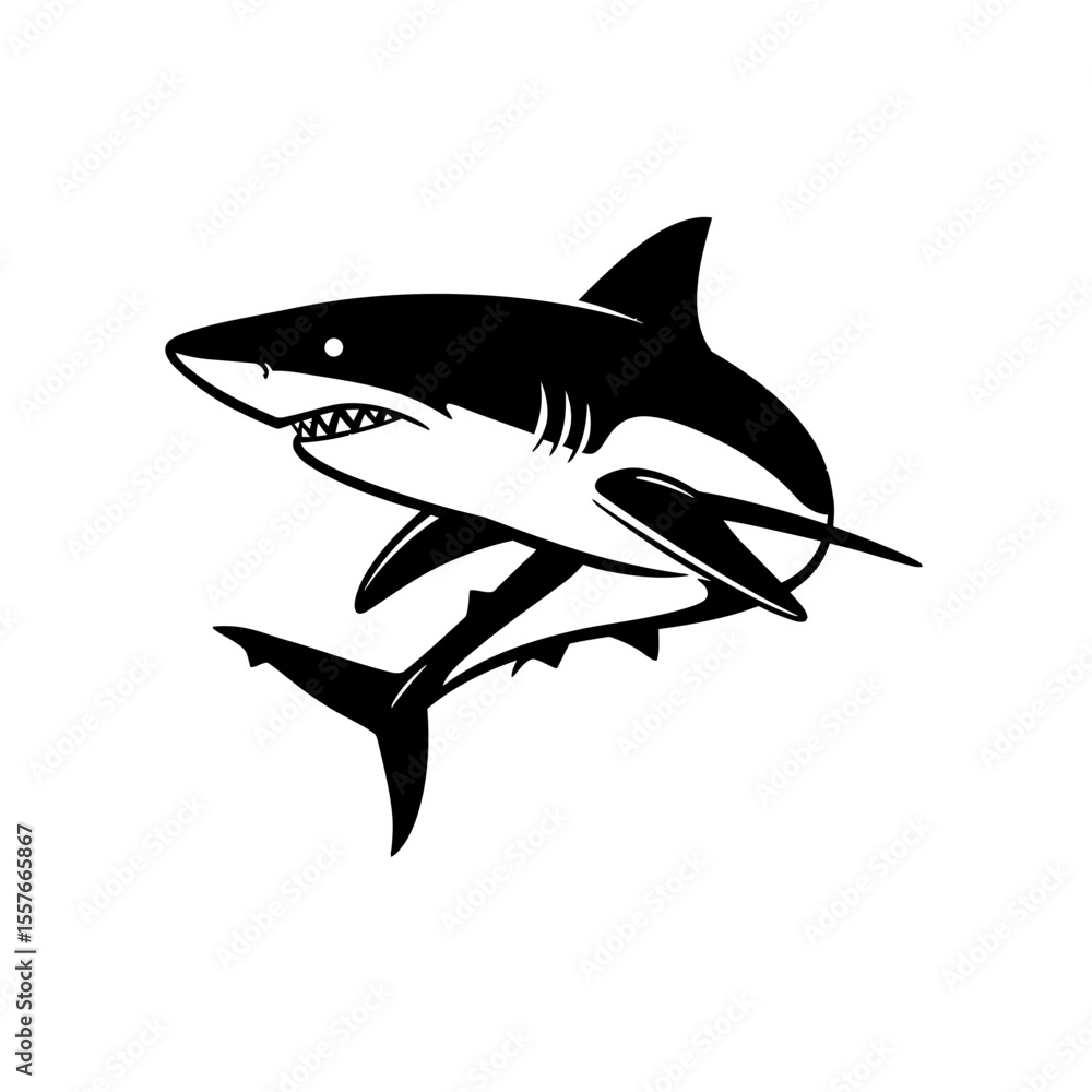 Obraz premium Stylized black and white shark with sharp teeth silhouette