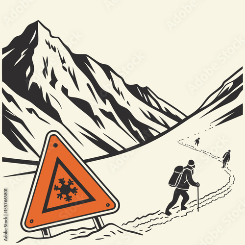Avalanche Warning Triangle Sign in Snowy Mountain Landscape Hikers Trekking Winding Trail Black and Orange Graphic Illustration