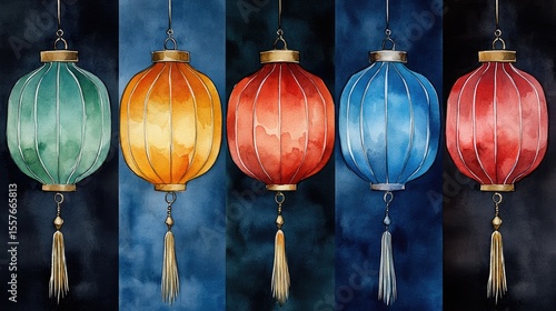 Colorful lanterns hang in a row against dark backgrounds