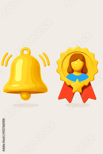 3D notification bell and award badge icons. Realistic vector of a ringing alert for a winner. Employee of the month success medal. Quality guarantee certificate with a female avatar.