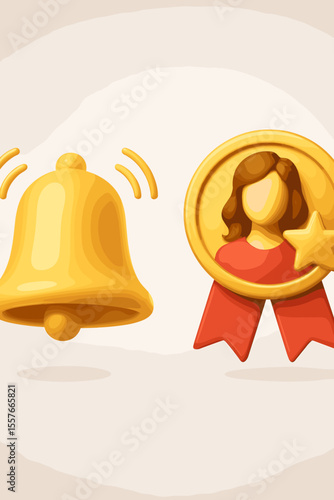 3D award medal with female user avatar and ringing notification bell icon set. Employee recognition, achievement, success concept. Gold badge for winner, VIP member, best worker prize.