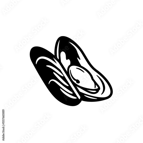 Illustration of an opened mussel shell in black ink silhouette