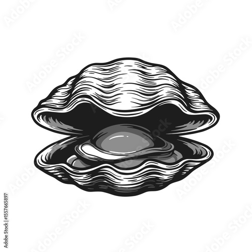 Illustration of an opened oyster shell with a pearl silhouette