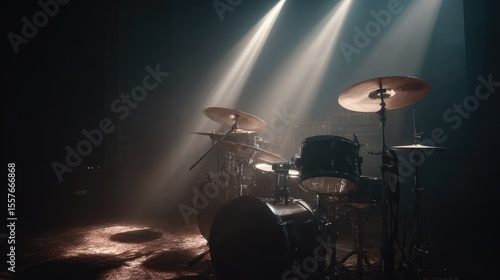 Drum kit in a rehearsal room with sticks on the snare and cymbals gleaming under spotlights