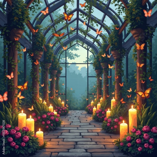 A serene greenhouse glowing with soft candlelight, filled with lush greenery and fluttering orange butterflies beneath large windows and a dreamy ambiance. Generative, AI,