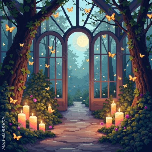 A serene greenhouse glowing with soft candlelight, filled with lush greenery and fluttering orange butterflies beneath large windows and a dreamy ambiance. Generative, AI,