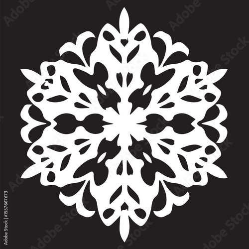 
A highly intricate and decorative white snowflake design, featuring symmetrical patterns and delicate cut-outs, set against a solid black background.