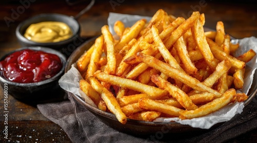 Golden French fries piled high in a rustic metal basket with a side of ketchup and mustard