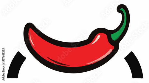 A vibrant red chili pepper with a green stem, outlined in black, resting between two black curved lines, all on a white background.