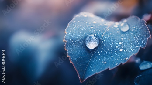 Macro Photography Dew Drops on Leaf Blue Nature