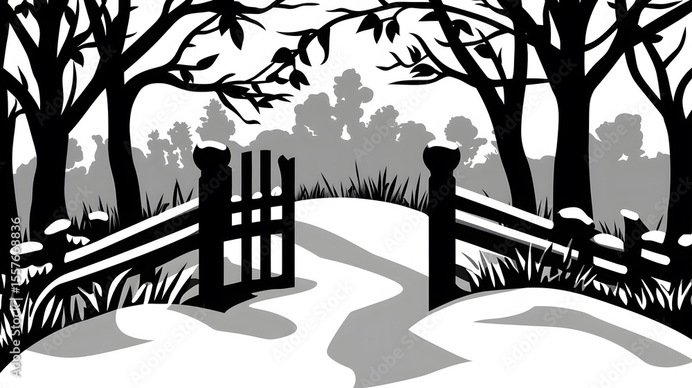 Fototapeta premium Winter Landscape Snowy Path Open Gate Black and White Illustration