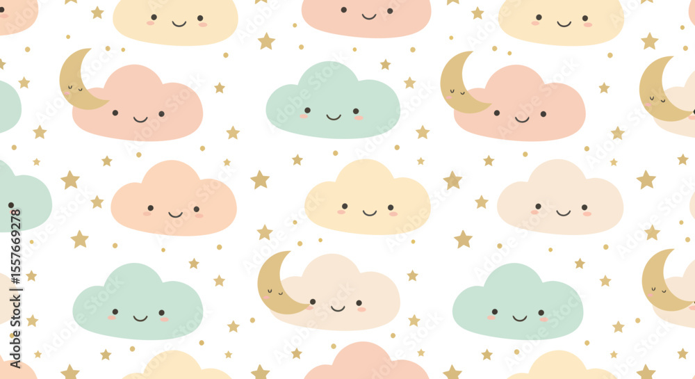 Fototapeta premium Pastel Clouds and Crescent Moons Seamless Pattern with Smiling Faces and Golden Stars.