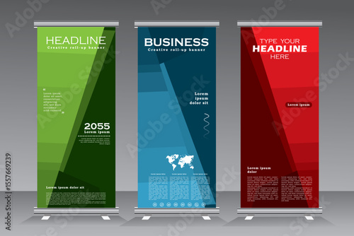 Corporate roll up banner design template for your business, Roll up banner design with three colours, vector eps 10.	