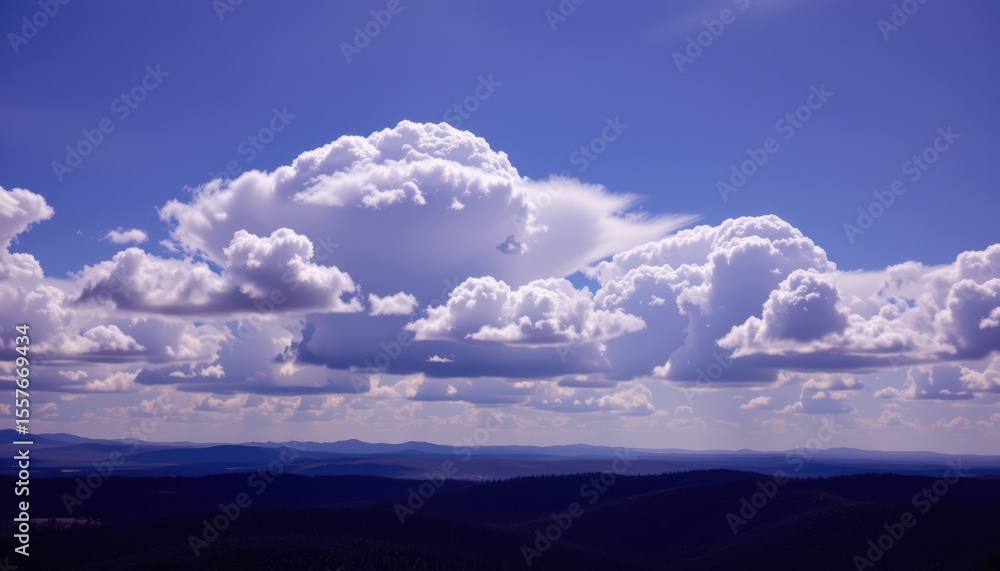 Naklejka premium a breathtaking view of a sky filled with clouds over rolling hills beneath them.