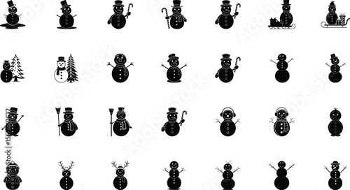 Black silhouette collection of snowmen with various attributes stand against a white background