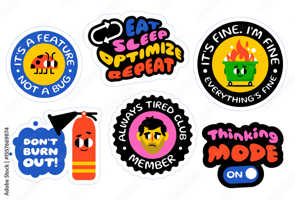 Fototapeta premium Set of colorful vector stickers with funny and motivational tech-themed quotes. Includes illustrations of burnout, coding, sleep, and debugging humor. Perfect for developers, laptops.