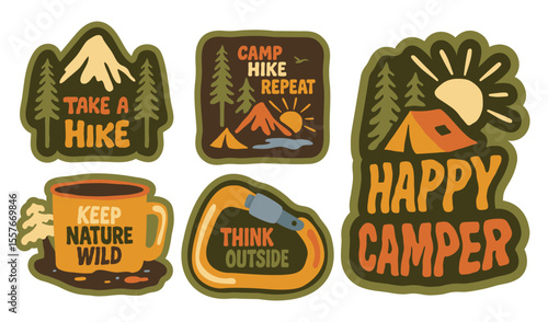 Set of retro-style vector camping and hiking badges with motivational quotes. Includes tents, mountains, trees, mugs, and outdoor-themed elements. Perfect for stickers, apparel, or nature designs.