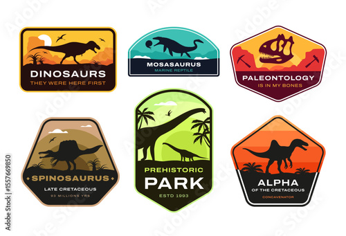 Set of colorful paleontology vector badges featuring Spinosaurus, Mosasaurus, Concavenator, Brachiosaurus and T.Rex. Includes slogans and prehistoric park emblems.