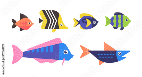 Colorful vector illustration of six tropical fish in a flat cartoon style. Isolated marine animals with unique shapes and vibrant patterns, perfect for ocean-themed designs and educational materials.