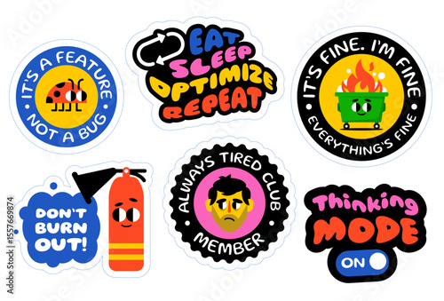 Set of colorful vector stickers with funny and motivational tech-themed quotes. Includes illustrations of burnout, coding, sleep, and debugging humor. Perfect for developers, laptops.