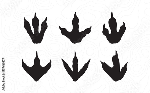 Vector illustration of various black dinosaur footprints on a white topographic background. Prehistoric theropod tracks in silhouette style, ideal for educational or themed design projects.