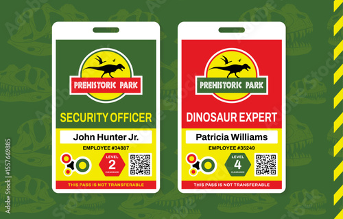 Illustration of fictional employee ID badges for a prehistoric dinosaur park, featuring roles like Security Officer and Dinosaur Expert. Colorful vector design with clearance levels and QR codes.
