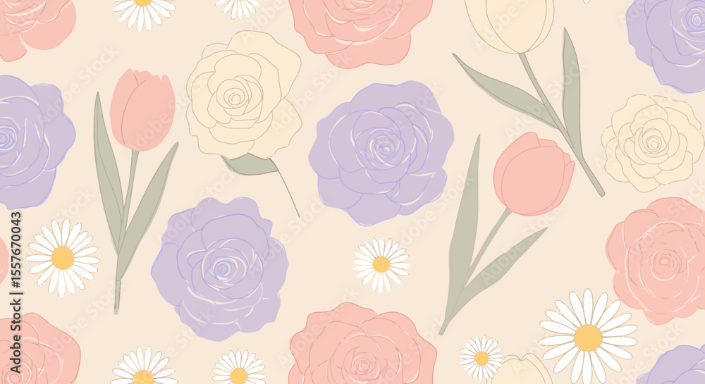 Pastel Floral Pattern with Roses Tulips and Daisies in Soft Colors. Pastel Floral Pattern with Roses Tulips and Daisies in Soft Colors.