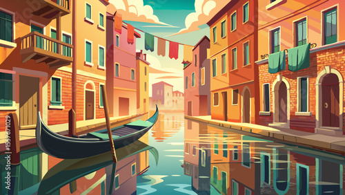 Quiet morning reflections on still canal water, gondola gently floating past pastel buildings. Light glimmers on ripples, hanging laundry sways in breeze, soft golden glow over aged brick.

